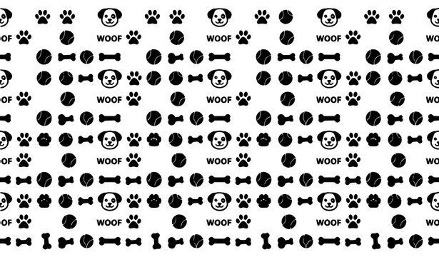 Playful dog seamless pattern with cute puppies paw prints bones and woof text vector
