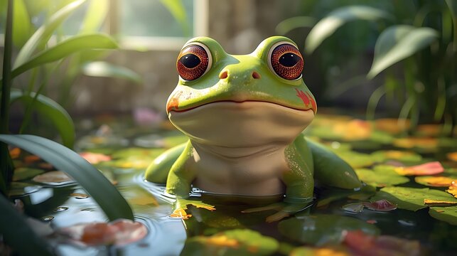 Green frog resting on a leaf over water