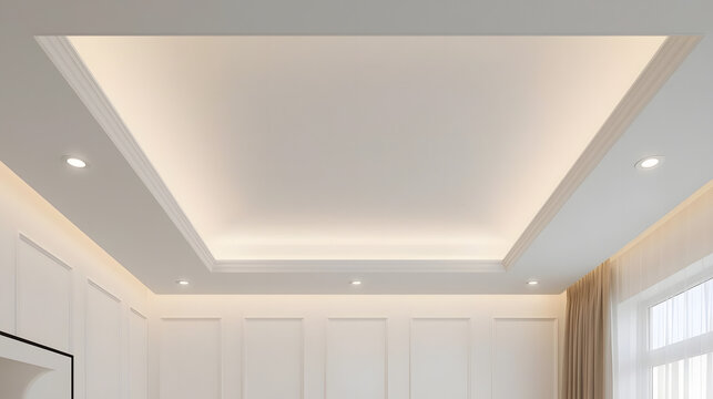 Modern white ceiling design with recessed and cove lighting in a contemporary room.