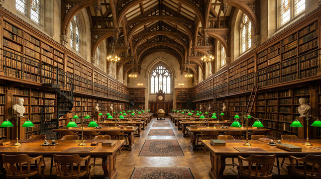 Grand Historic University Library Reading Room with Oak Tables 