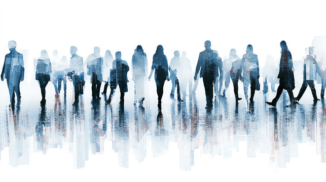 Silhouettes of diverse individuals walking in a bustling urban environment, creating a sense of movement and connection.