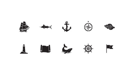 Fototapeta premium Nautical Discovery Icon Set with Ship, Anchor, Compass, Shell, Lighthouse, Whale, Ship Wheel and Flag Silhouettes