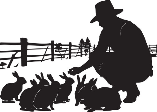 Silhouette of man feeding rabbits in a farm yard