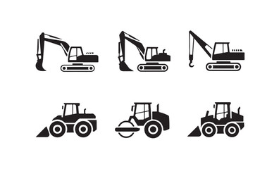 Fototapeta premium Set of construction vehicles icons, heavy machinery, building and industrial transport equipment.