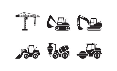 Fototapeta premium Set of construction vehicles icons, heavy machinery, building and industrial transport equipment.