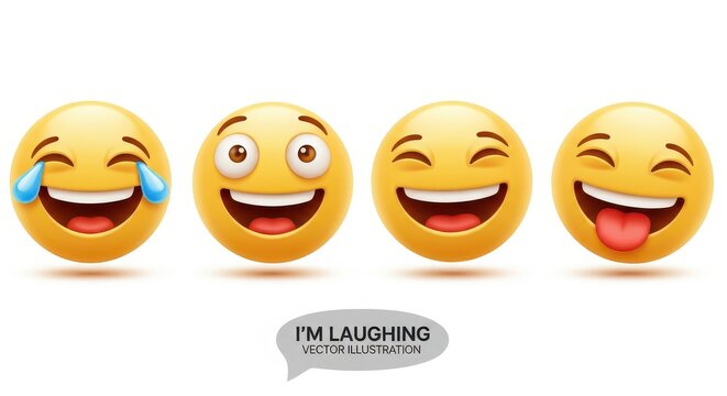 Set of Four 3D Laughing Emoji Faces with Different Expressions on White Background Vector Illustration