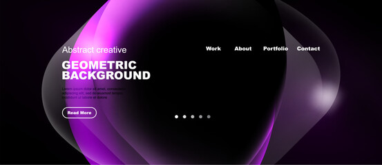 Naklejka premium Dark website mockup features abstract purple shapes. Navigation includes work, about, portfolio, contact options. Minimalist design with text overlay.
