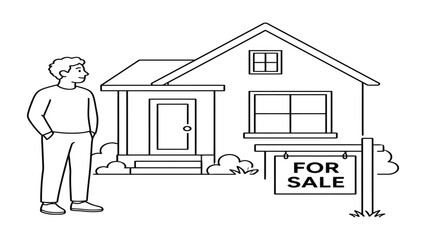 House owner stands in front of a residential property featuring a prominent for sale sign indicating a real estate transaction. © Sadee Girl