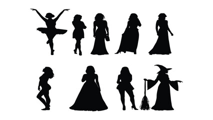 Women silhouettes represent various archetypes including a ballerina, a bride, and a witch in a collection of diverse figures. © Sadee Girl