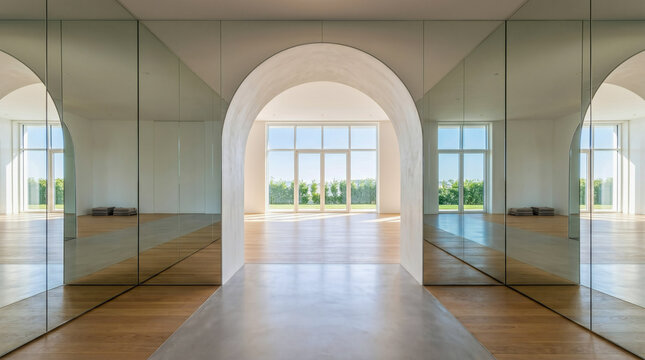 Empty Bright Modern Yoga Studio with Hardwood Floors and Mirrors