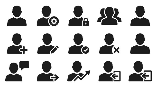 Elegant Black and White Silhouette Icons Set Featuring User Actions and Social Interactions for Modern Design