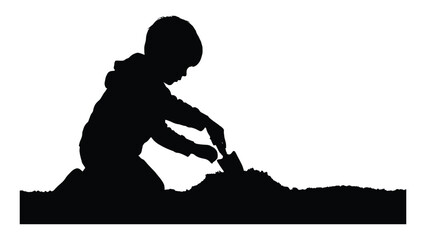 Child silhouette kneels on the ground while playing in the dirt with a small handheld gardening shovel. © Sadee Girl