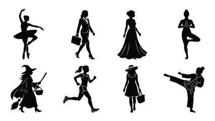 Women silhouettes showcase various lifestyle activities including sports, professional work, and artistic expression. © Sadee Girl