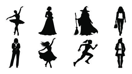 Women silhouettes display various poses and styles including a ballerina, a witch, and a runner on a clean white background. © Sadee Girl