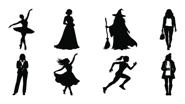 Women silhouettes display various poses and styles including a ballerina, a witch, and a runner on a clean white background.