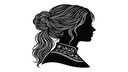 Woman silhouette is illustrated as a profile portrait with detailed hair and elegant clothing. © Sadee Girl
