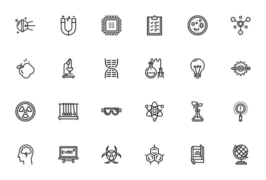 Research and science icon set. Science vector icon set. Minimalist icons pack. Includes symbols for sputnik, magnetism, microchip, dna, flask, microscope, atoms, nuclear, gravity, biohazard, cells, ea