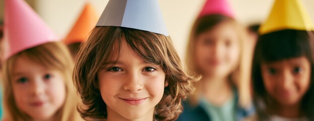 Fototapeta premium Children wearing party hats smiling during birthday celebration 