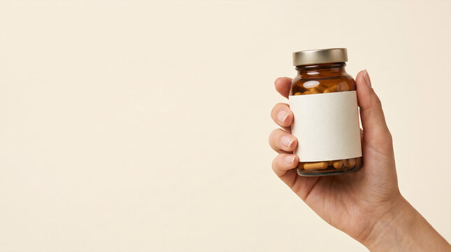 Hand holding amber glass bottle filled with health supplements on plain background