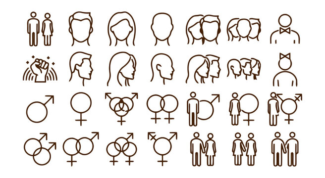 Gender symbols showcase a comprehensive collection of human icons and diverse relationship signs.