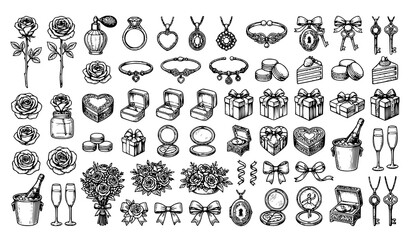 Fototapeta premium Vintage black and white romantic gift icon vector set with flowers jewelry perfume sweets and luxury celebration elements isolated on white