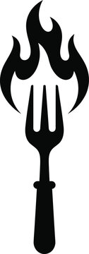 Culinary fork silhouette with intense burning fire flames rising upward.