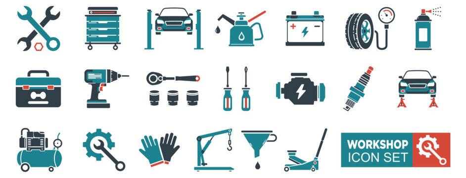 Car repair workshop vector icon set. Features mechanic garage tools, car service equipment, engine maintenance, and auto fix vector elements.
