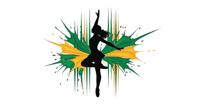 Black silhouette of a female Irish step dancer in mid-motion against vibrant green and orange paint splashes and drips, symbolic of Ireland, isolated on a white background.