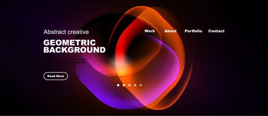 Naklejka premium Dark website header design. Abstract shapes, vibrant colors, navigation menu present. Modern aesthetic, clean layout.