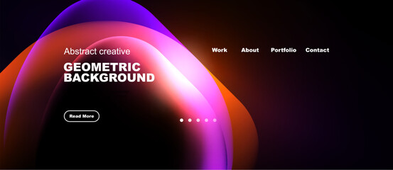 Obraz premium Abstract fluid shapes, vibrant colors, dark background. Website header with navigation options, button visible. Modern design.