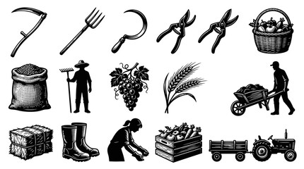 Obraz premium Black and White Farm Icons: Tools, Produce, Tractor, and People for Agriculture