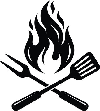 Barbecue tools with flame icon vector design for grilling themed graphics.