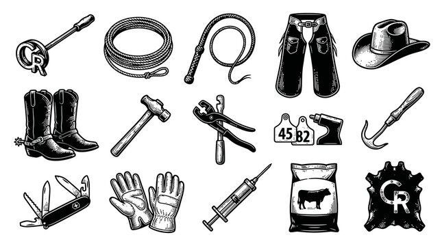 Black  White Vector Icons of Cowboy Ranch Equipment and Tools