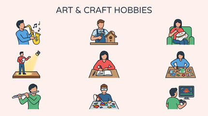 Fototapeta premium Flat Vector Icons of People Enjoying Various Art and Craft Hobbies, Including Music, Woodworking, Sewing, Public Speaking, Writing, Paper Crafts, Stained Glass, and Gaming, with Simple Clean Design