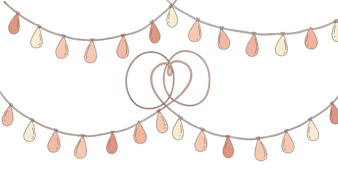 Minimalist line art vector of hanging garland strings with pastel teardrop ornaments and interlocking circular loops, elegant wedding celebration banner on white background.