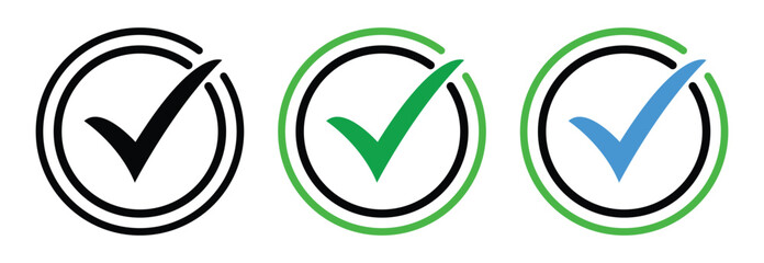 Check Mark Icon Set Vector, Verified Tick Circle Symbols with Green Blue and Black Approval Signs © StockLine Studio