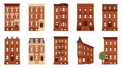 Flat Design Vector Icons of Iconic New York City Brownstone Buildings, Diverse Architectural Styles, Residential Cityscape Elements, Urban Architecture Collection © Zidan