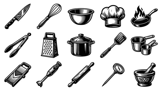 Food and Cooking Industry Engraved Black  White Kitchen Utensils Set. Classic Culinary Tools Line Art Icons.