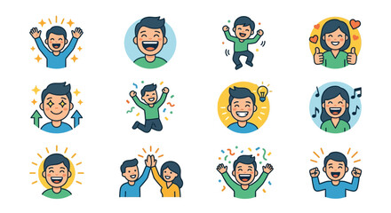 Fototapeta premium Corporate Celebration Icons Colorful Happy Employees Expressing Joy Success and Teamwork with Bright Backgrounds