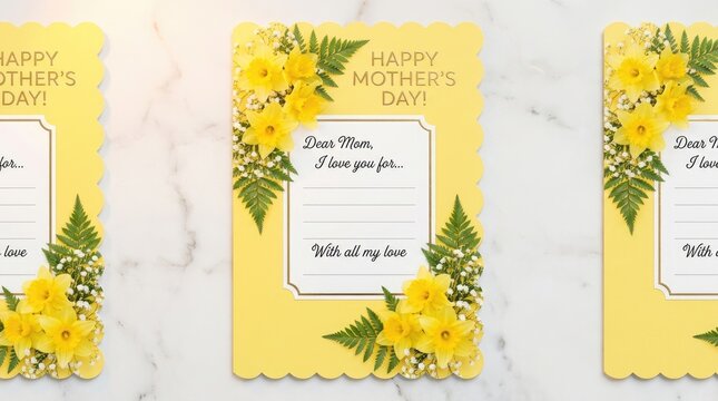 Mother's day cards with yellow flowers and greenery on marble background