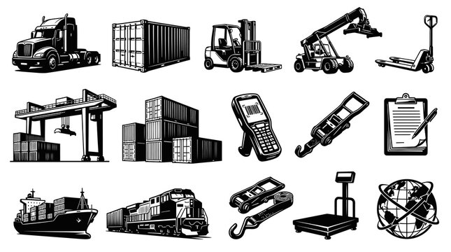 Logistics and Shipping Icons: Trucks, Containers, Trains, Ships, Crane, Scale, Globe