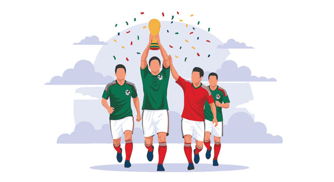 Vector illustration of four professional male soccer players in green and red kits celebrating a tournament victory by lifting a gold world cup trophy under falling confetti.