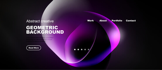 Naklejka premium Dark website header design. Purple flowing shapes dominate visual space. Minimalist text elements present information. Clean, modern aesthetic.