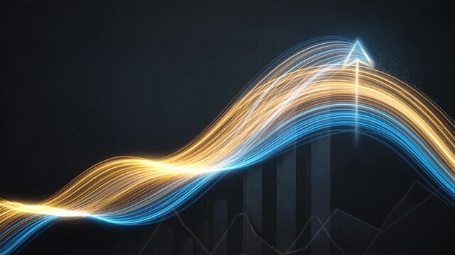 Abstract energy wave light glow blue gold motion curve with upward arrow growth chart, glowing trails and neon lines over digital financial market