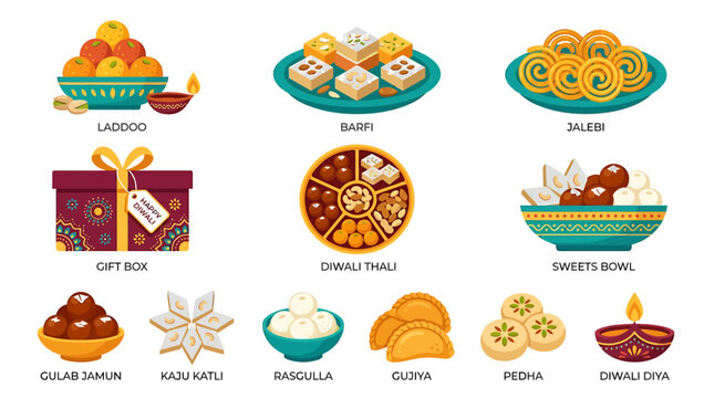 A variety of traditional Indian sweets and desserts are displayed on plates and in bowls.