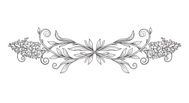 Ornamental horizontal botanical scroll illustration featuring a symmetrical floral design with hyacinths, elegant leafy vines, and delicate line art scrolls on a white background.
