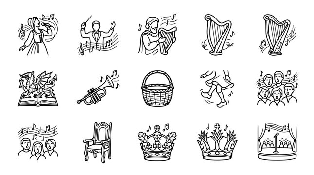 Musical Instruments and Performers Doodle Icons: Harp, Trumpet, Choir, Conductor, Crown