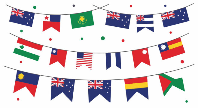 Colorful Illustration of Hand-Drawn Bunting Banners Featuring a Collection of World Flags Including Australia and USA on Strings with Decorative Dots Against a White Background