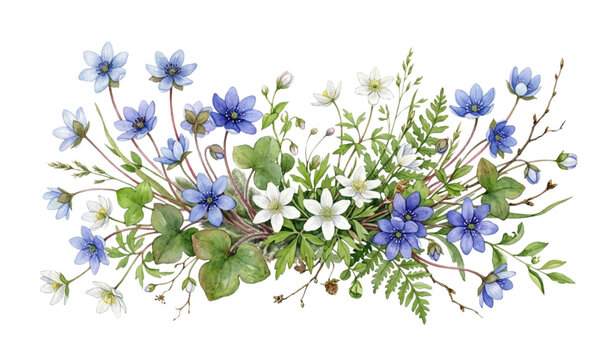 Blue Spring Hepatica and Anemone Watercolor Composition