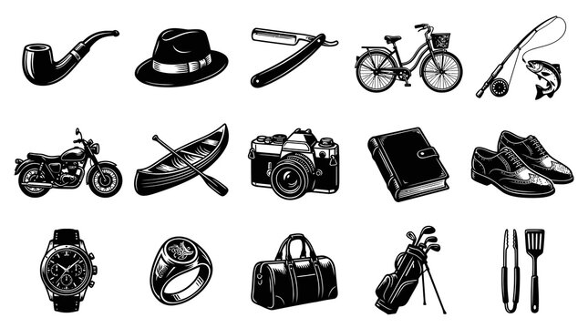 Vintage Gentleman's Lifestyle Icons: Pipe, Hat, Razor, Bike, Fishing, Camera, Book, Shoes, Watch, Ring, Bag, Golf, BBQ